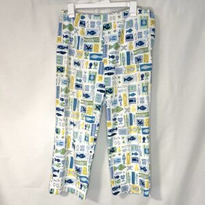 Vintage Bamboo Traders 14P Capri Pants Yellow Blue Green White Fish Block‎ Print
